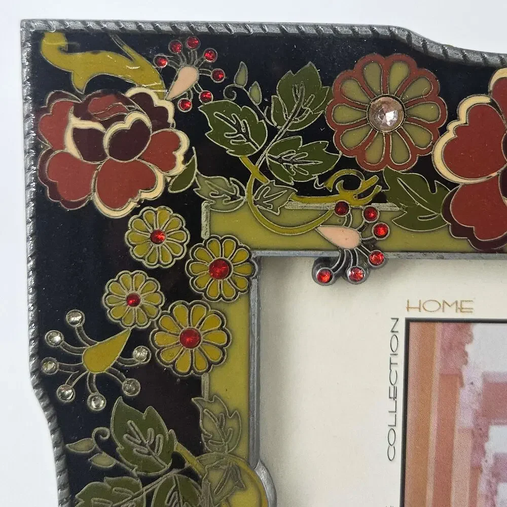 Art Deco Nouveau inspired floral jeweled enamel photo picture frame by Sixtrees
